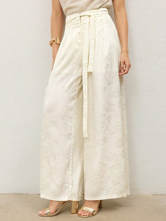 Pants - Women's Casual Apricot Jacquard Tie-Waist Wide-Leg Relaxed Fit Trousers Pants